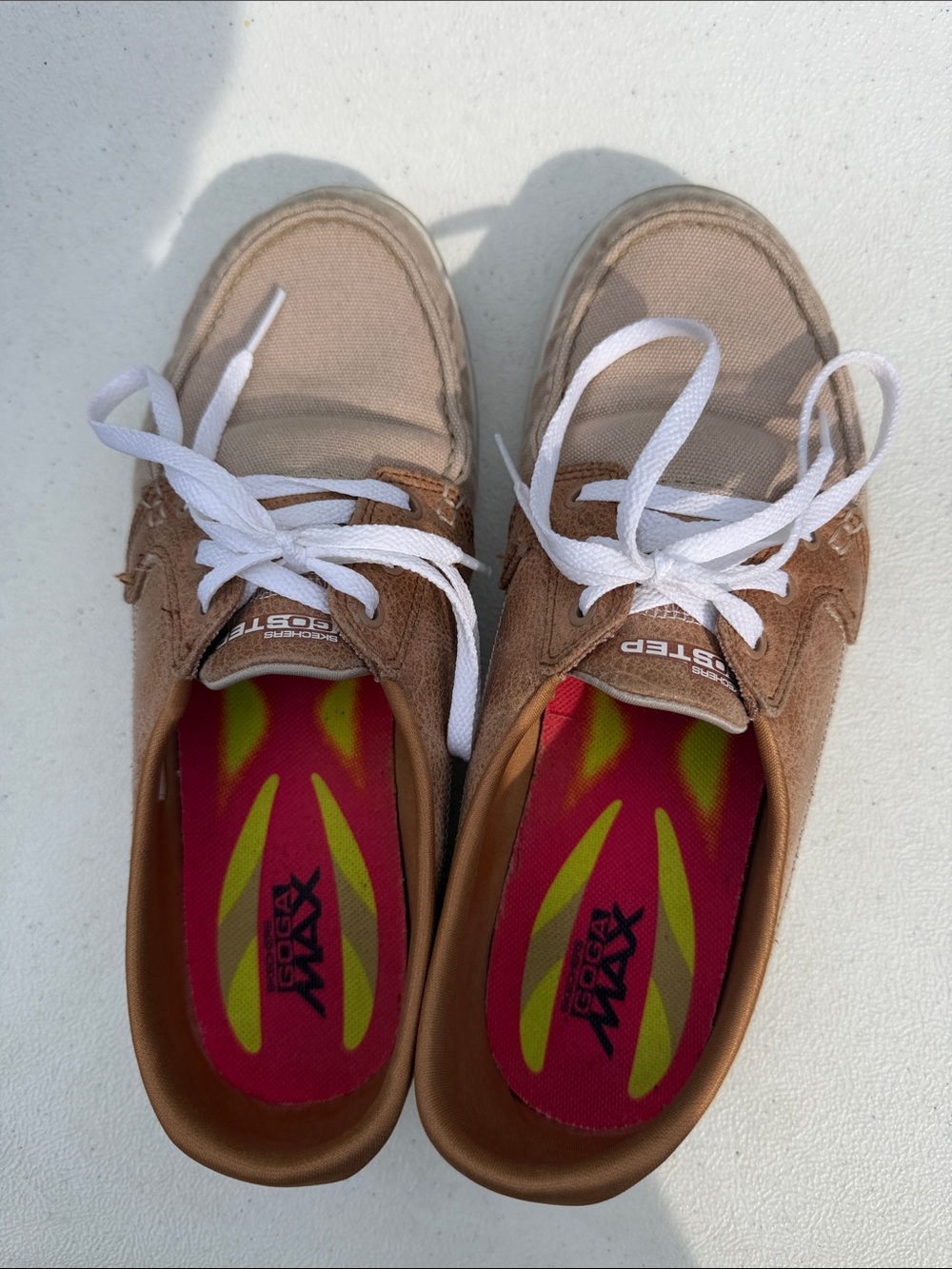 Skechers Women’s Tan Canvas Slip-On Boat Shoes with White Laces